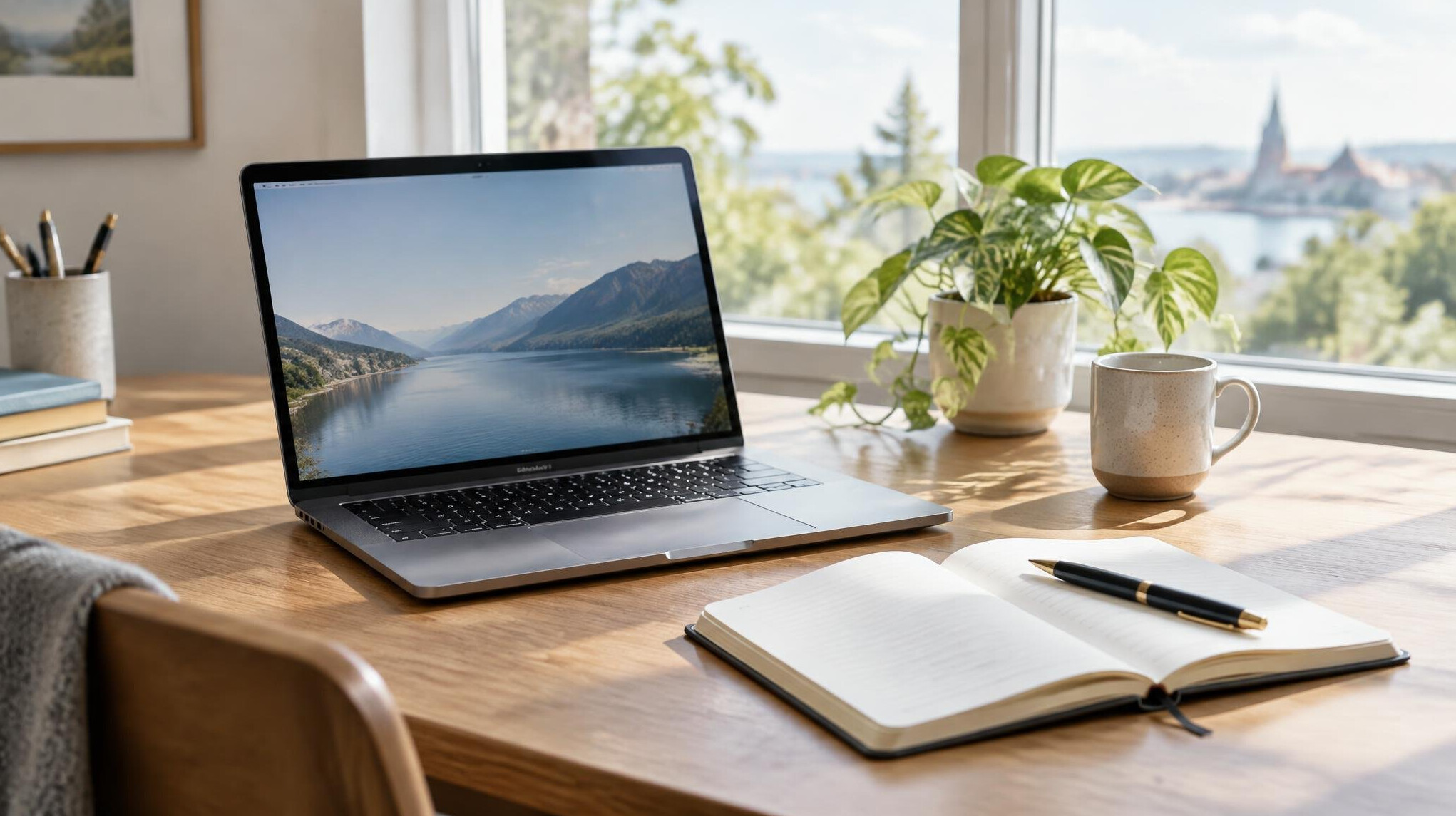 Open laptop with notebook and pen on a desk near a window