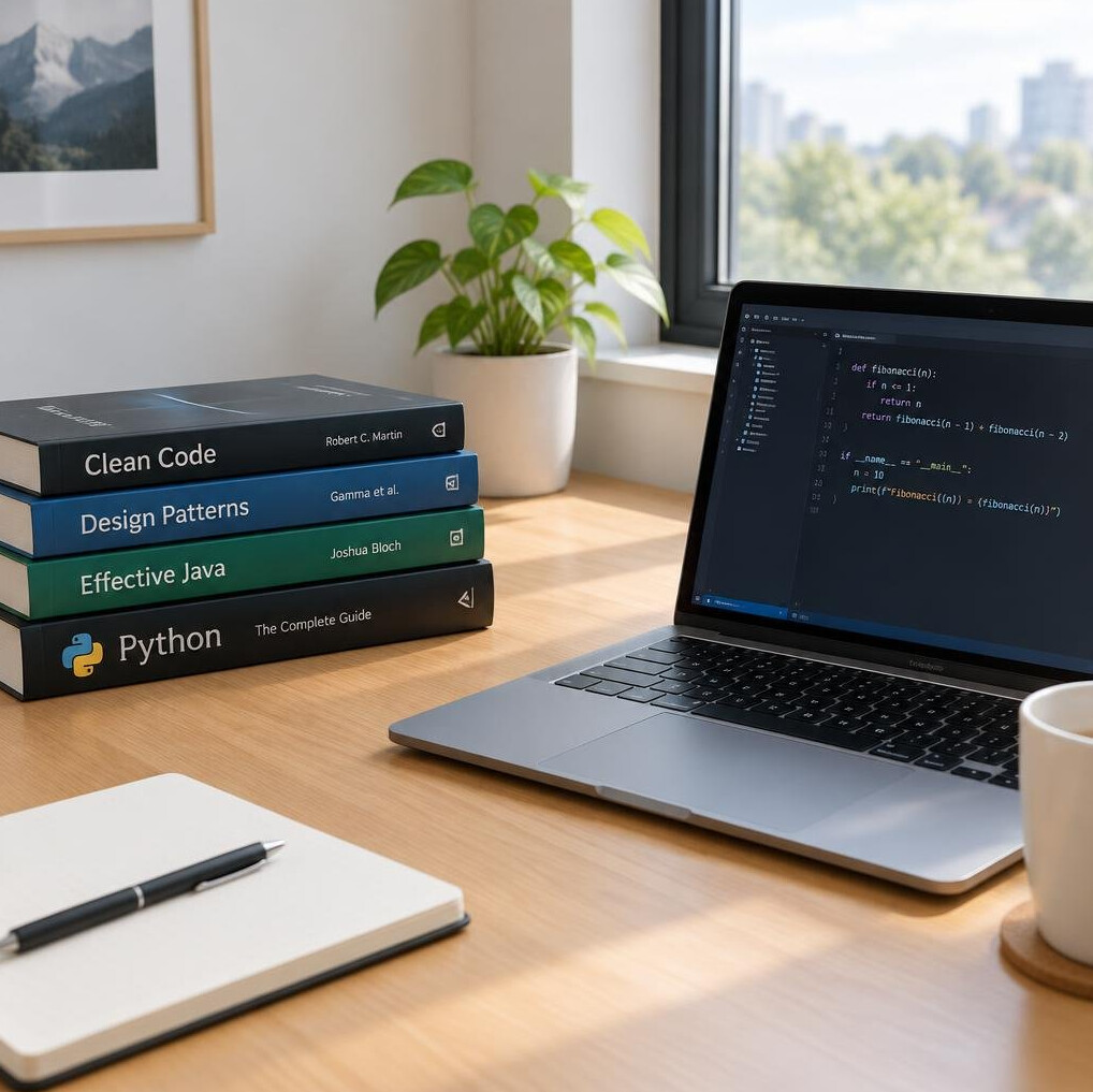 Stack of books and a laptop on a desk