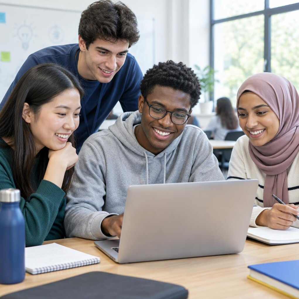 Group of students in a workshop looking at a laptop