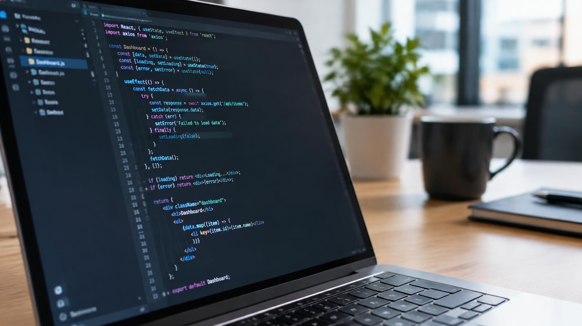 Laptop screen showing colorful lines of code
