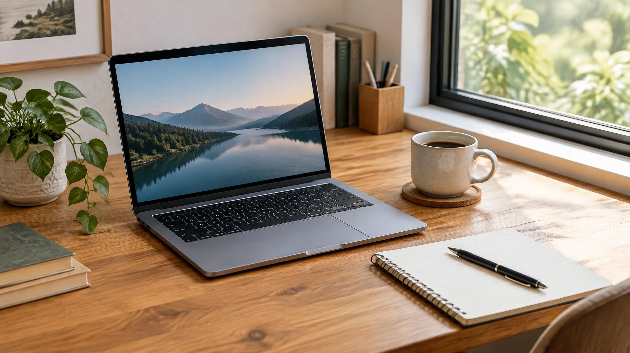Open laptop on a wooden desk with a notebook and coffee cup
