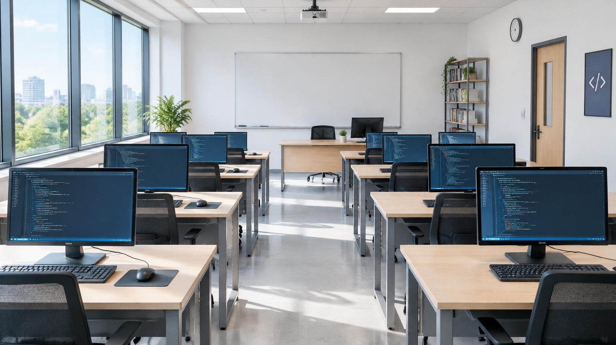 Modern classroom with desks and computer monitors