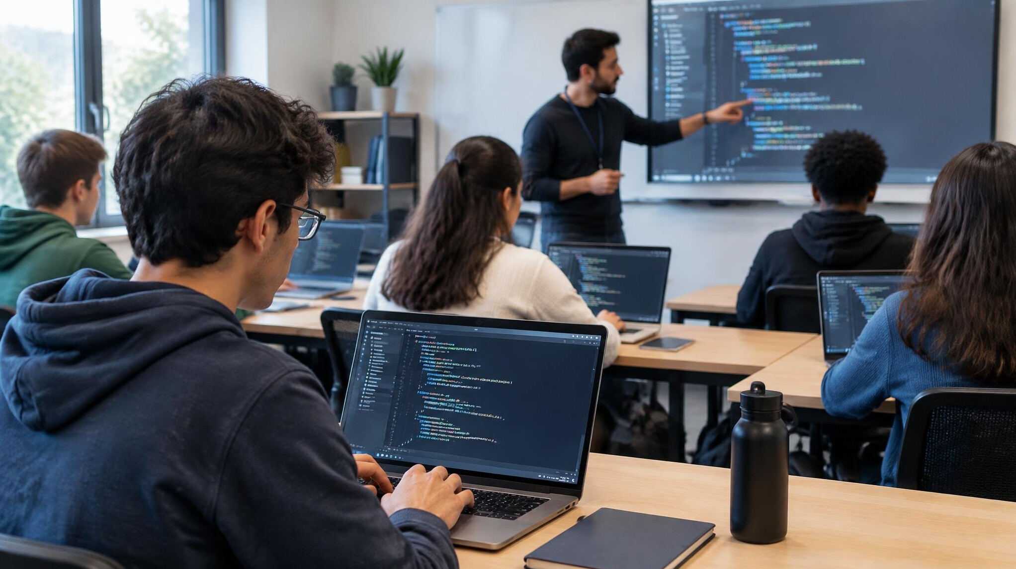 students learning programming in classroom