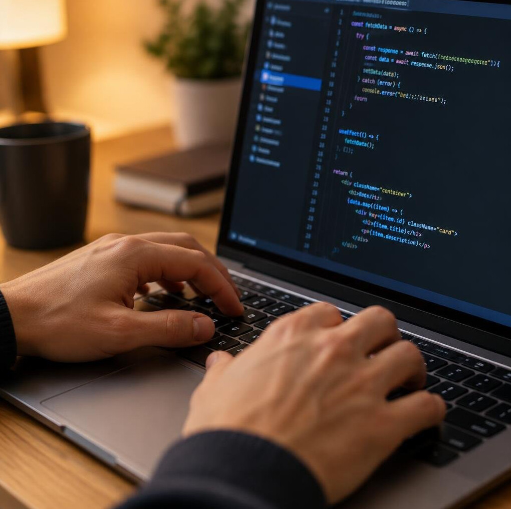 Close-up of hands writing code on a laptop keyboard