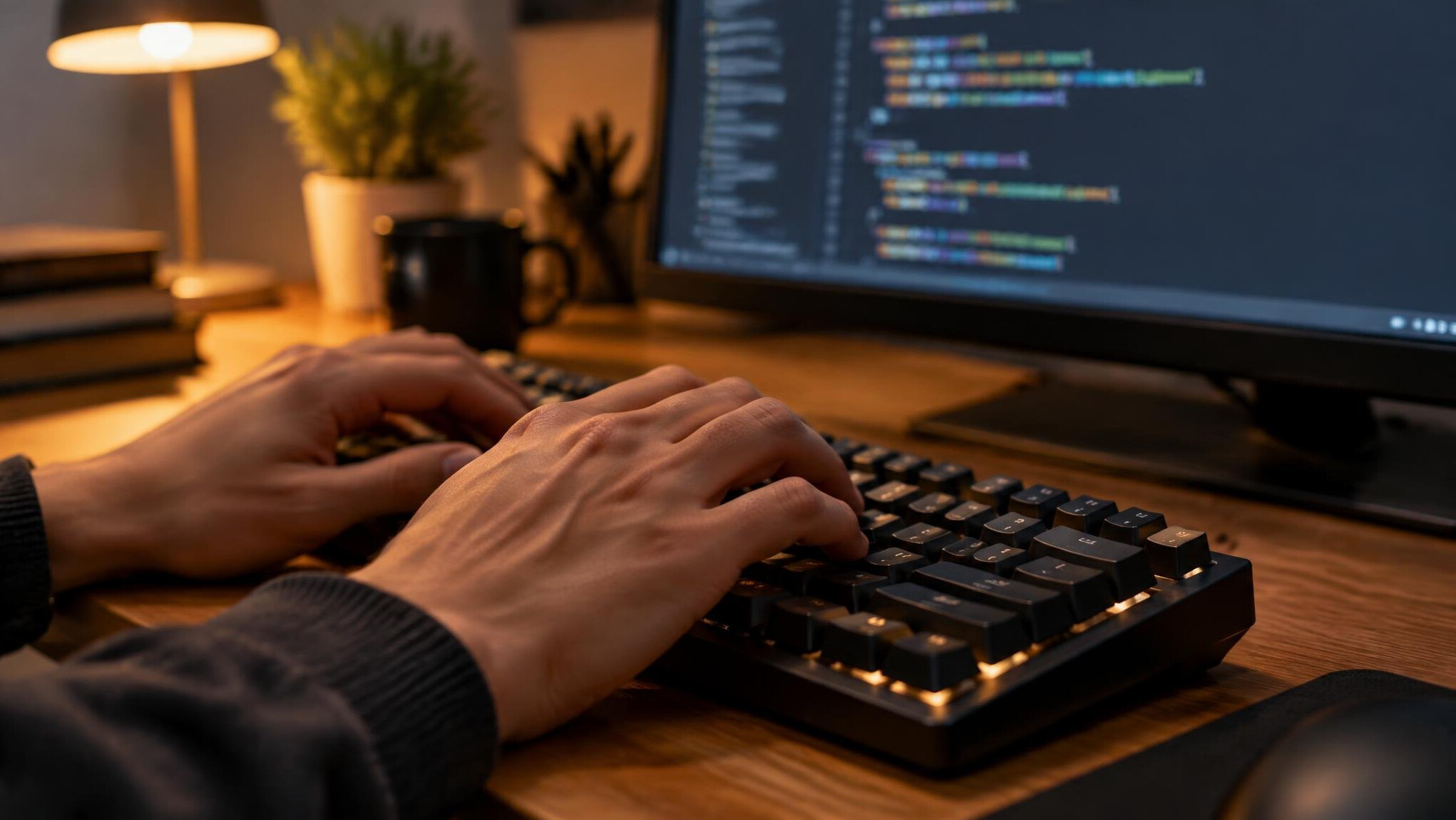 Hands typing on a mechanical keyboard with code on screen