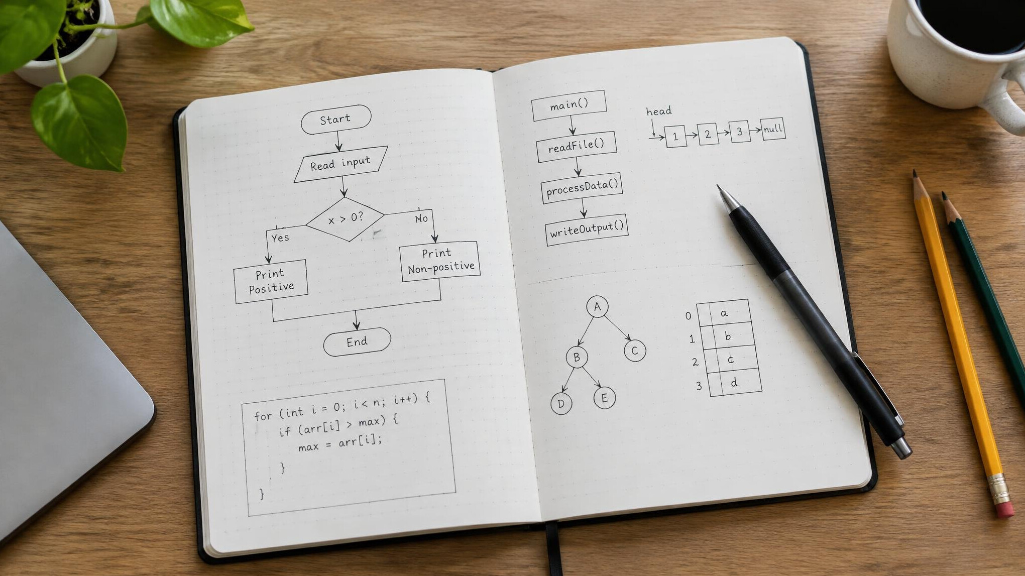 Notebook with handwritten code diagrams and a pen