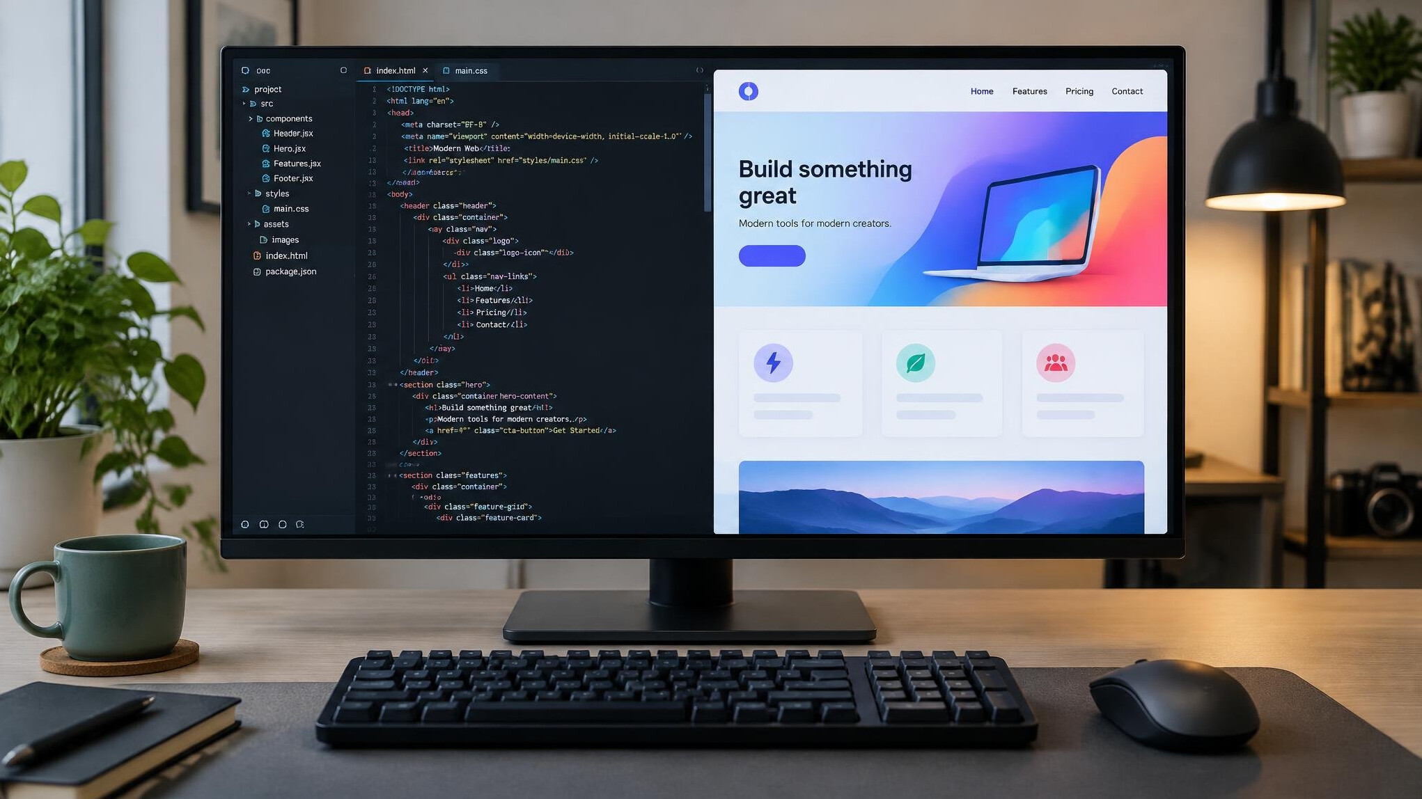 Desktop monitor showing a website layout being built